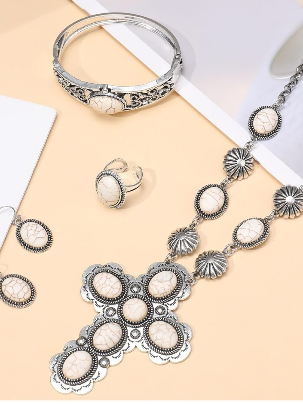Boho White Stone Cross Necklace Set - Silver Tone